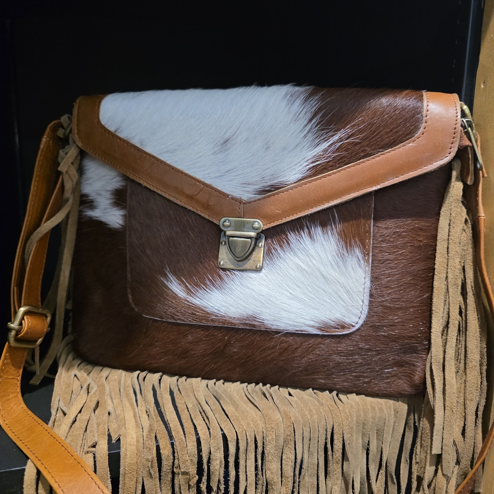 New Brown and White Cowhide Leather Fringe Crossbody Bag